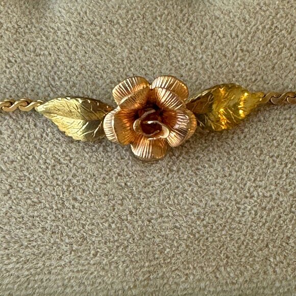 VINTAGE (NEW) KREMENTZ Rose & Leaf 14kt Gold Overlay Bracelet - Picture 4 of 8